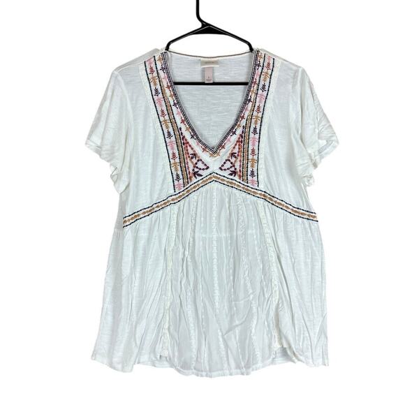 Knox Rose Womens Blouse White Embroidered V Neck Short Sleeve Flowy Stretch L - Picture 1 of 12